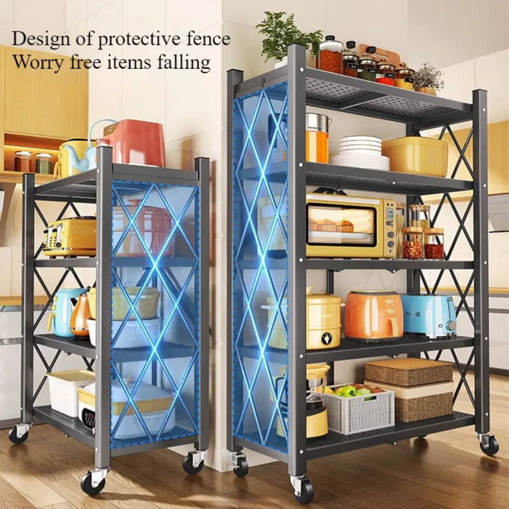 One-Second Foldable Storage Racks Folding Kitchen Organizer Shelf Standing Multi-Layer Storage Rack Movable Organizing Shelves