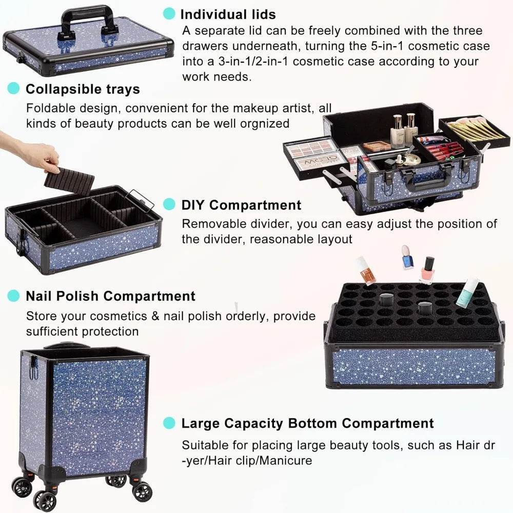 Rolling Makeup Train Case Large Storage Cosmetic Trolley 5 in 1 Large Capacity Trolley Makeup Travel Case with Key Swivel Wheels - MarvelouStoree