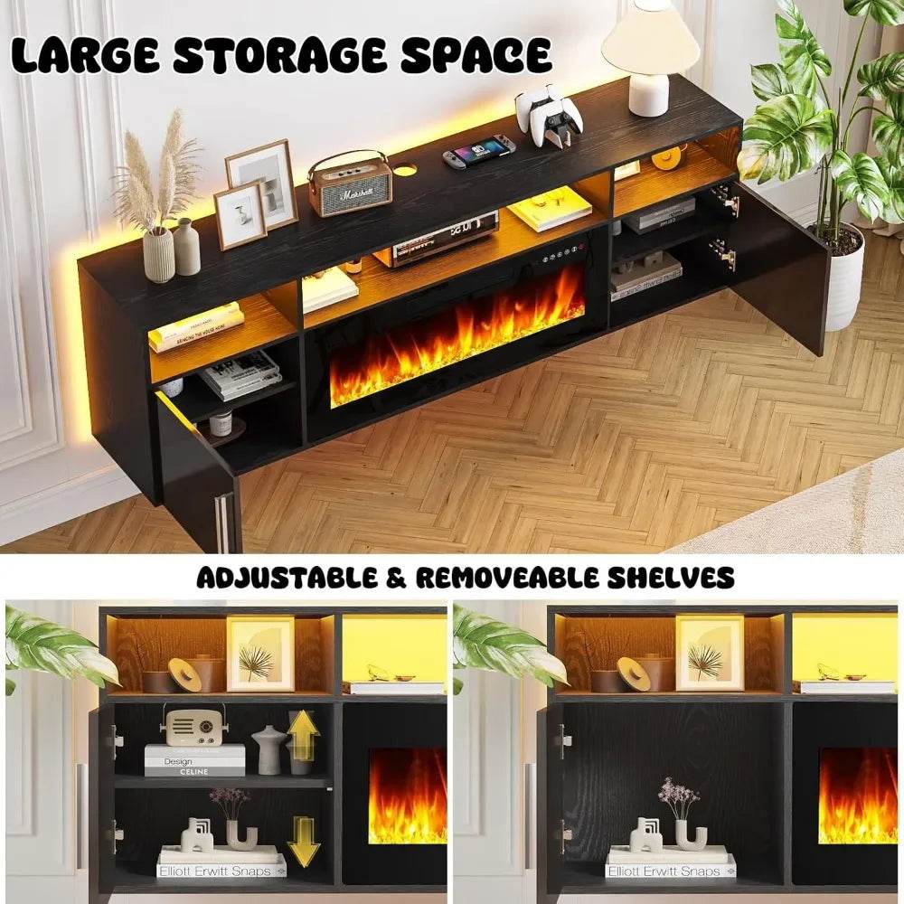 TV Stand 70'' with LED Light and Storage & Highlight Cabinet, Floating Fireplace Modern Wood Media TV Console - MarvelouStoree