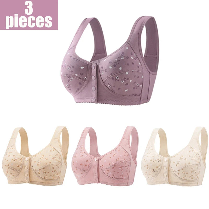 3Pcs/Set Women Lingerie Bra Cotton Wire Free Front Closure Bralette Confortable Underwear Widened Shoulder Straps U-shaped Back