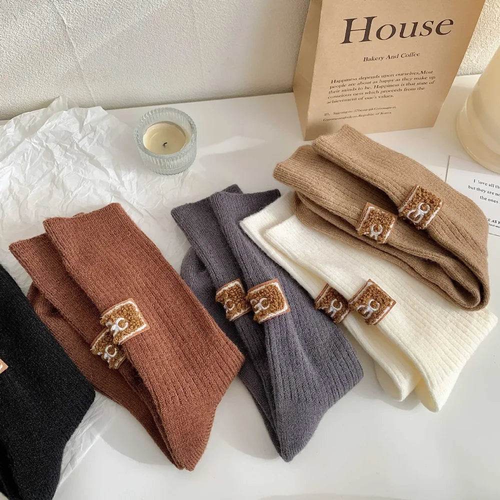 New Middle Tube Mid-Tube Socks Keep Warm Solid Color Snow Boot Socks Heel Furry Label Knitted Ins Women Socks Autumn - MarvelouStoree