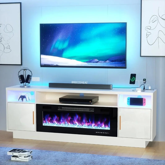 Electric Fireplace TV Stand-Led Entertainment Center-70 inch TV Stand with 36" Electric Fireplace-Living Room Tv Cabinet