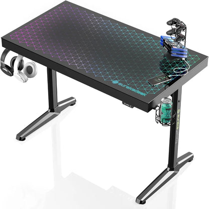 LED Gaming Desk, Music Sync Lights Up Tempered Glass Desktop, 43" Office Computer Table W Controller Rack 4 USB Charging Ports