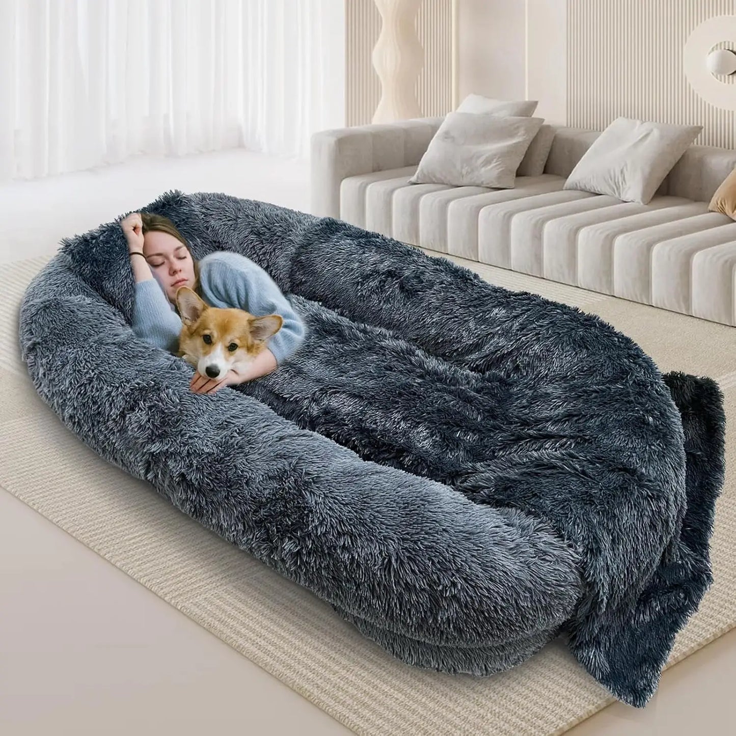 Large Human Dog Bed for Adult 74.8"x47.3"x13.8" Human Sized Dog Bed for People and Pets Removable Washable Faux Fur Dark Grey