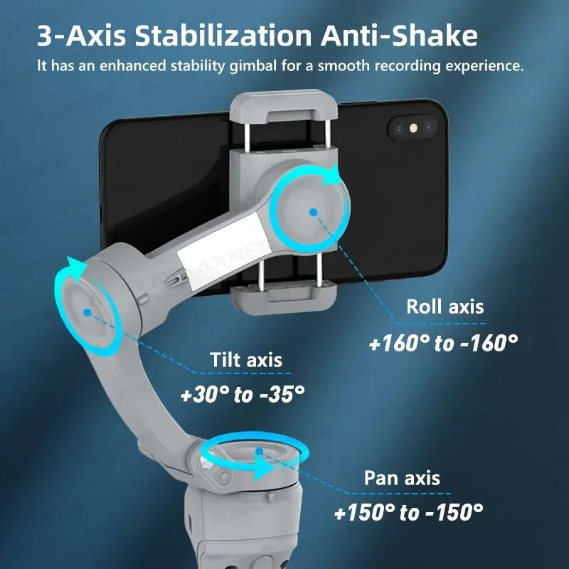 HQ6 3-Axis Gimbal Handheld Stabilizer for Cellphone, with Fill Light, Face Tracking, for Android iPhone Anti Shake Video Record