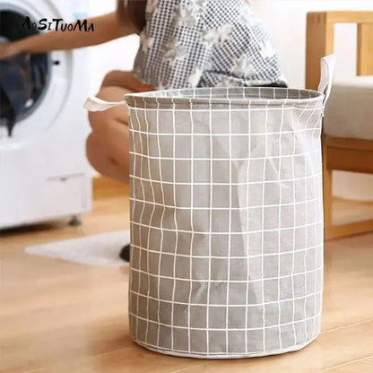 Household Dirty Clothes Basket Toy Storage Bucket Plaid Fabric Cotton Linen Dirty Clothes Basket Large Foldable Waterproof Stora