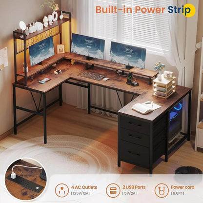 Gaming Desk with Hutch, 98.4in Reversible L Shaped Computer Desk with Power Outlets, Home Office Desk LED Light, Monito - MarvelouStoree