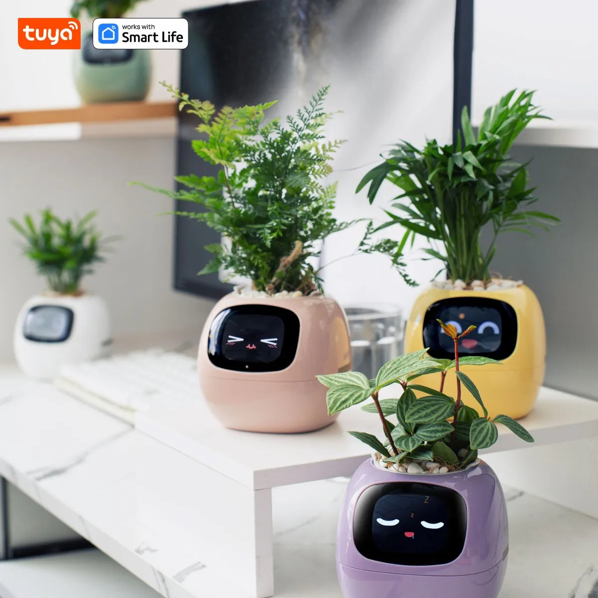 Purple Tuya Ivy Smart Planter,Endless Fun Over 49 Rich Expressions,7 smart sensors and AI Chips Make Raising Plants Easy and Fun