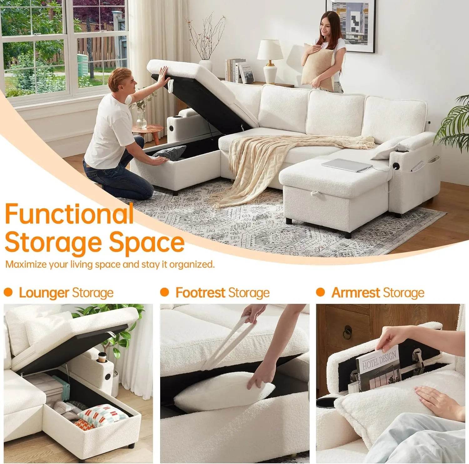 DURASPACE Sofa Bed Pull Out Couch Sleeper with Double Storage Chaise, U Shaped Convertible Sectional Sleeper Sofa for Living Roo - MarvelouStoree