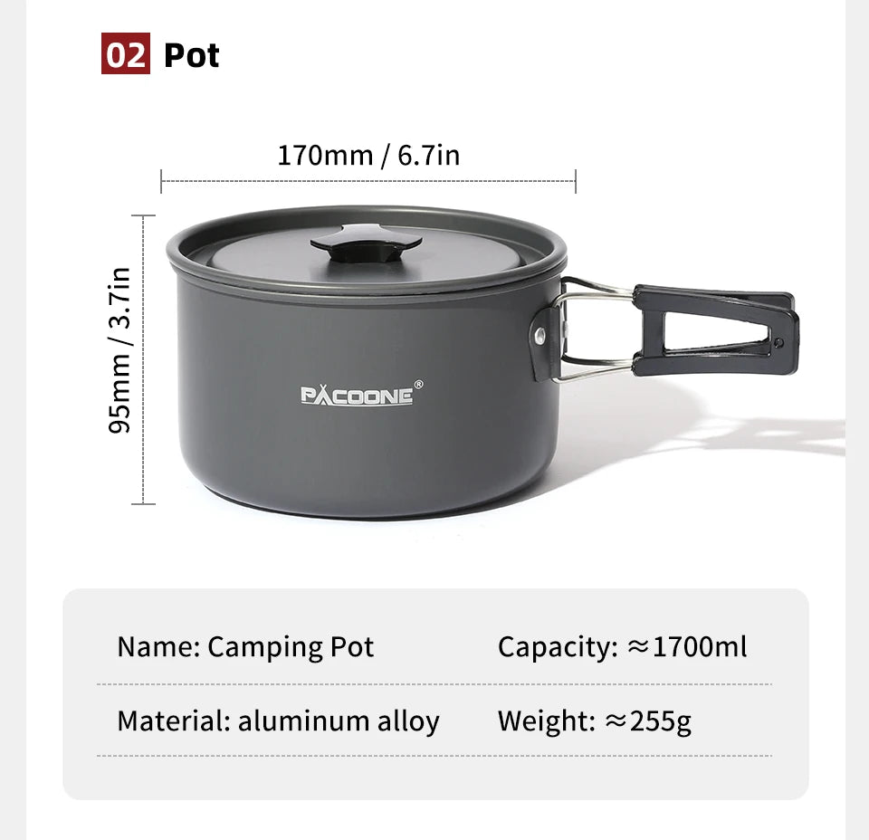 PACOONE Camping Cookware Set Portable Cookware Kit Outdoor Pot Cooking Water Kettle Pan Set Tableware Hiking Picnic Equipment