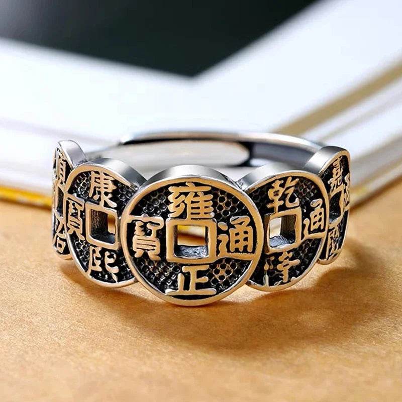 Vintage Wufu Copper Coin Rings Lucky Open Adjustable Ring Retro Copper Money Ring Men and Women Amulet Wealth Good Lucky Ring - MarvelouStoree