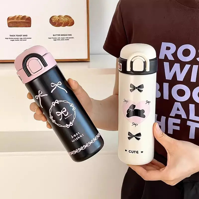 Cute Insulated Water Bottle Tumbler Kawaii Stainless Steel Thermos With Handle Straw For Coffee Tea Juice Portable Thermal Cups