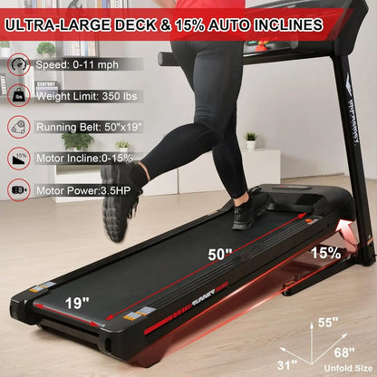 Folding Treadmill with Auto Incline 15%, 3.5HP, 350 Lb Capacity, 11 MPH, 50" x 19" Ultra Large Running Area, Heart Rate