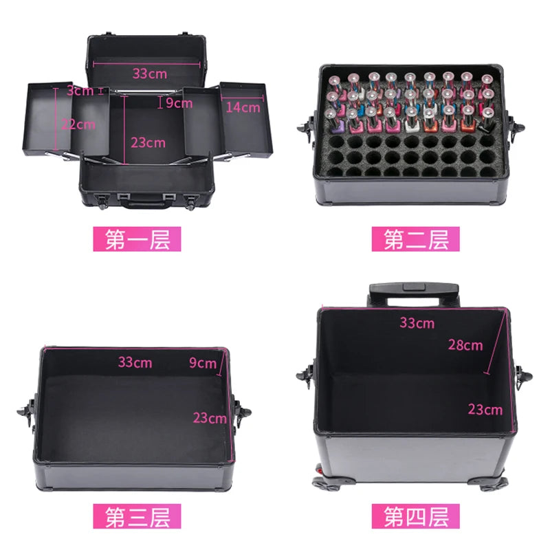 Professional 2/3/4 layers trolley makeup suitcase portable cosmetic trolley luggage box nail tattoo embroidery beauty toolbox