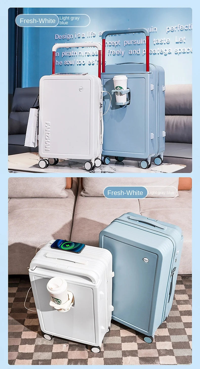 New Design Wide Handle Travel Suitcase Carry-On Luggage Trolley Case With Cup Holder USB Charging 20 Inch Cabin Rolling luggage