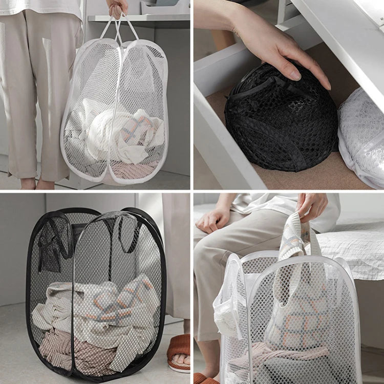 Portable Mesh Pop Up Laundry Hamper Wide Opening Breathable Collapsible Space-Saving Laundry Basket Dorm Travel Bathroom Items