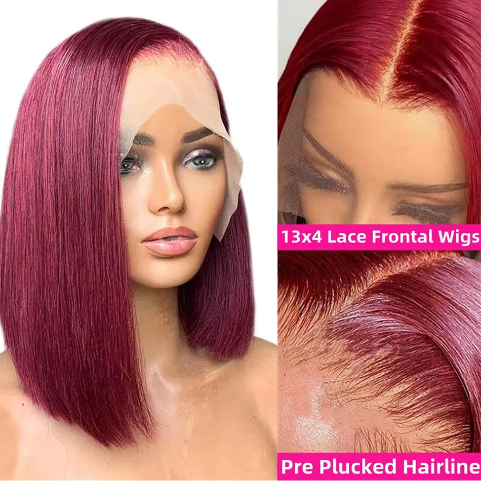 99J Burgundy Straight Bob Wigs Wear and Go Glueless Wigs 13x4 Lace Front Human Hair Wigs Pre Cut No Glue For Women Red Colored