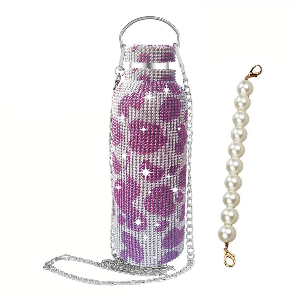 500/750/1000ml Diamond Thermos Bottle With 2pcs Chain Portable Rhinestone Water Bottle Double Wall Stainless Steel Thermal Flask