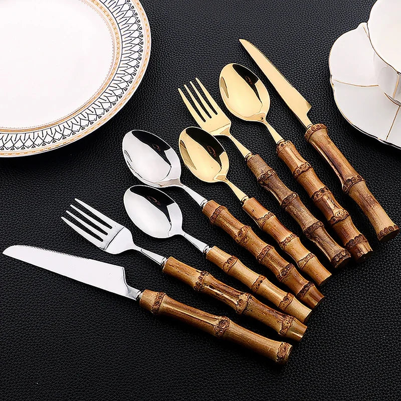 24Pcs Bamboo Tableware Sets Stainless Steel Bamboo Cutlery Set Purely Natural Handle Flatware Set Dinnerware Steak Knife Cutlery