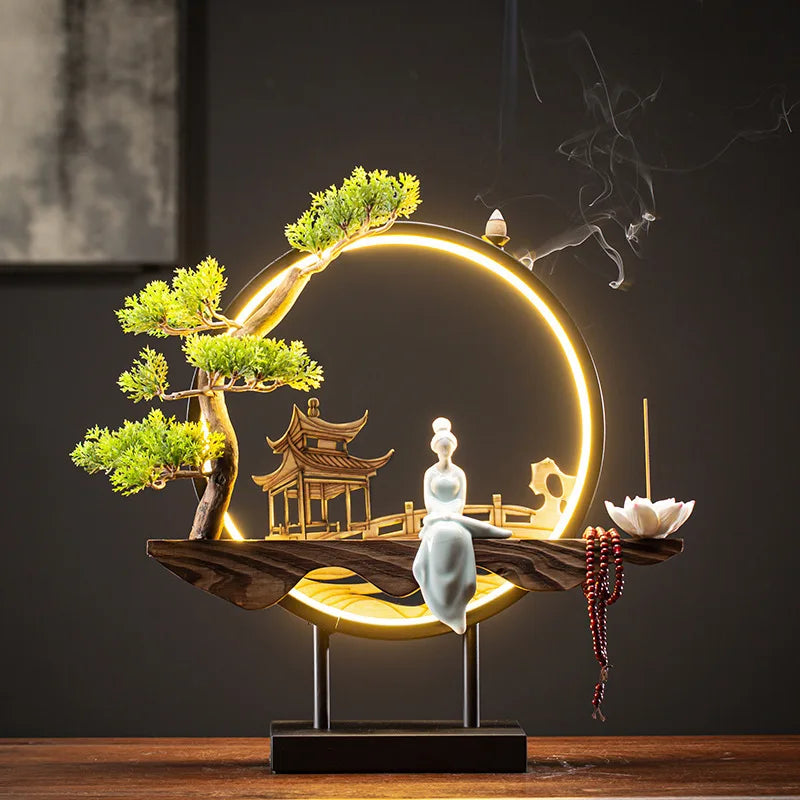 USB Light Ring Ornament LED Light Reflux Incense Burner Simulation Tree Ceramic Lotus Buddha Bead Home and Office Decoration