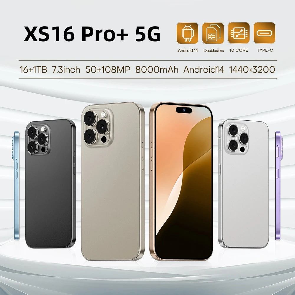 Original For Brand 16GB+1TB For Smartphone 7.3 inch XS16 Pro+ Full Screen 4G 5G Cell Phone 8000mAh Mobile Phones Global Version﻿