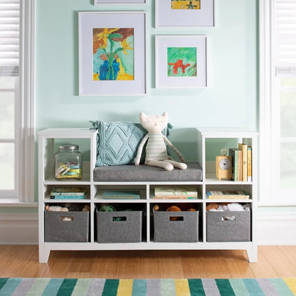 Kids' Reading Nook - Creamy White: Wooden Storage Bench Bookshelf Organizer with Seat Cushion, and Fabric Bins for Toys, Books