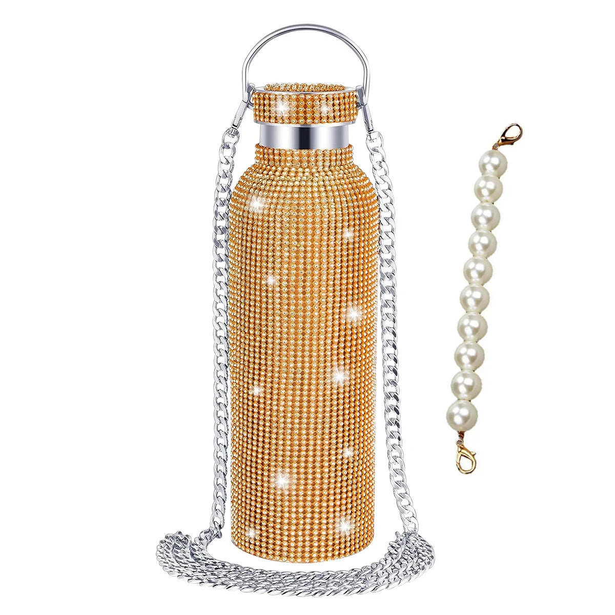 500/750/1000ml Diamond Thermos Bottle With 2pcs Chain Portable Rhinestone Water Bottle Double Wall Stainless Steel Thermal Flask