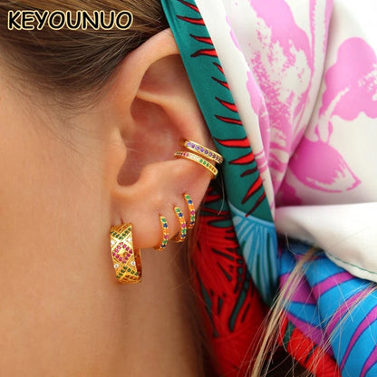 KEYOUNUO Gold Filled Stud Earrings Set For Women Ear Cuffs Colorful Zircon Dangle Hoop Earrings Fashion Party Jewelry Wholesale