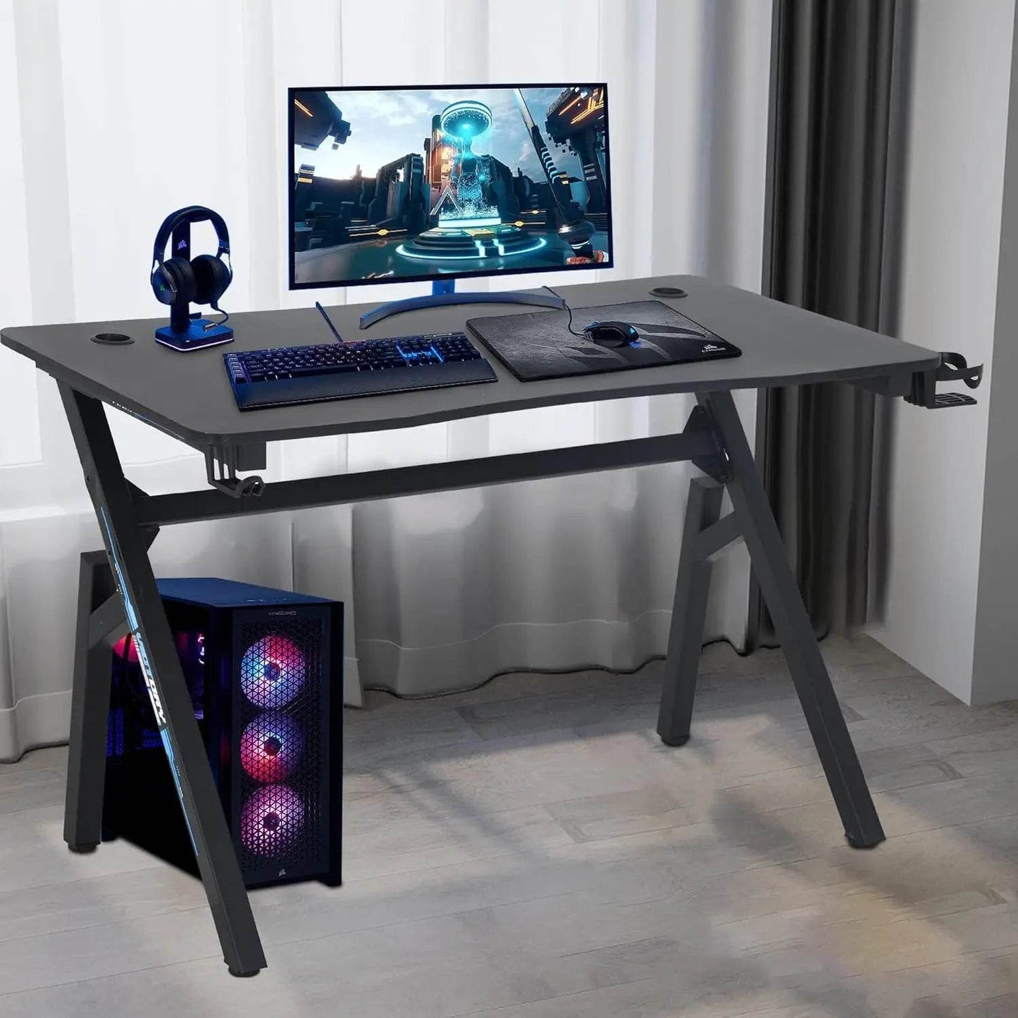 47 Inch Home Office Desk Extra Large Modern Ergonomic PC Carbon Fiber Table Gamer Workstation with Cup Holder Headphone Hook - MarvelouStoree