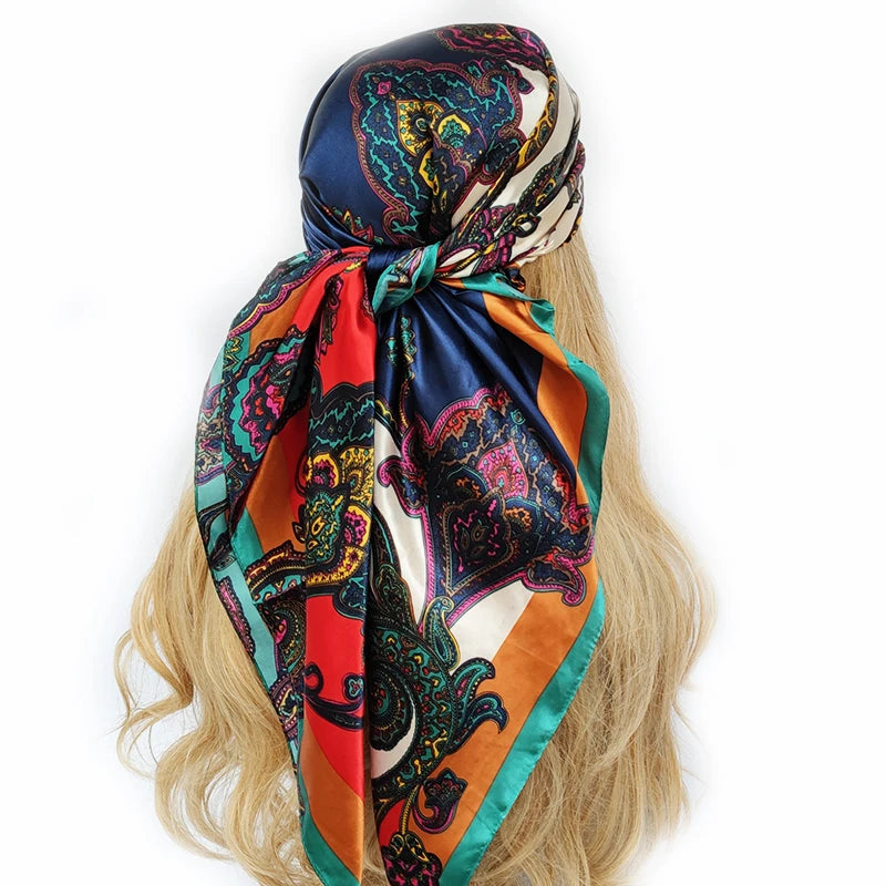 new 90*90cm fashion Silk Scarf Scarftop Headwraps Women Vintage Four Seasons Hair Scarve Hijab Foulard Bandana Femme Headscarf