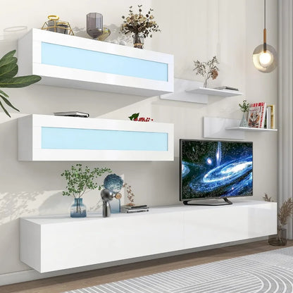 Wall Mount Floating TV Stand with Four Media Storage Cabinets and Two Shelves, 95+ Inch Television, 16-Color RGB LED Lights