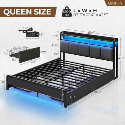 Rolar Bed Frame Queen Size with Charging Station and LED Lights,Upholstered Storage Headboard with Drawers,Heavy Duty Metal - MarvelouStoree