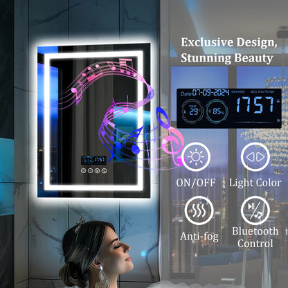 Wisfor 28x36 LED Lighted Bathroom Mirror with Bluetooth Speaker Smart Wall Vanity Mirror Anti-Fog Dimming 3 Lights