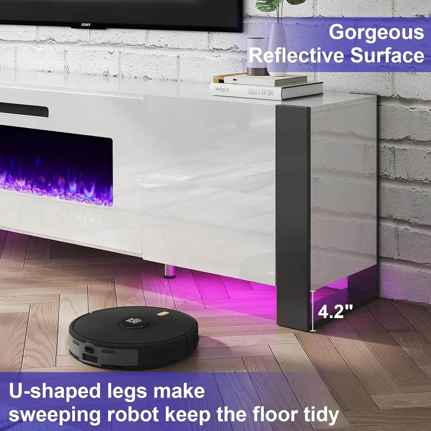 U Shaped Legs 70 inch Fireplace TV Stand Mirrored Finish Media Console with Electric Fireplace Modern LED Lights Storage White - MarvelouStoree