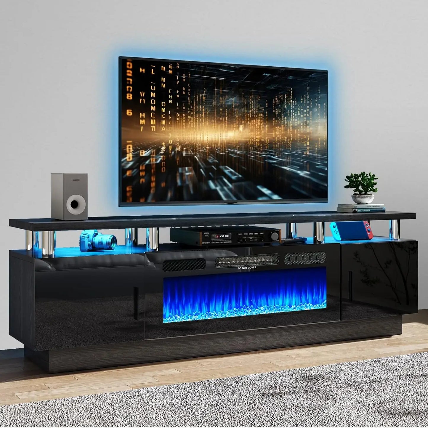 70" Modern Electric Fireplace TV Stand for TVs Up to 80 inch, with Electronic Flame and LED Lights, Luxury High Gloss Finish Ent