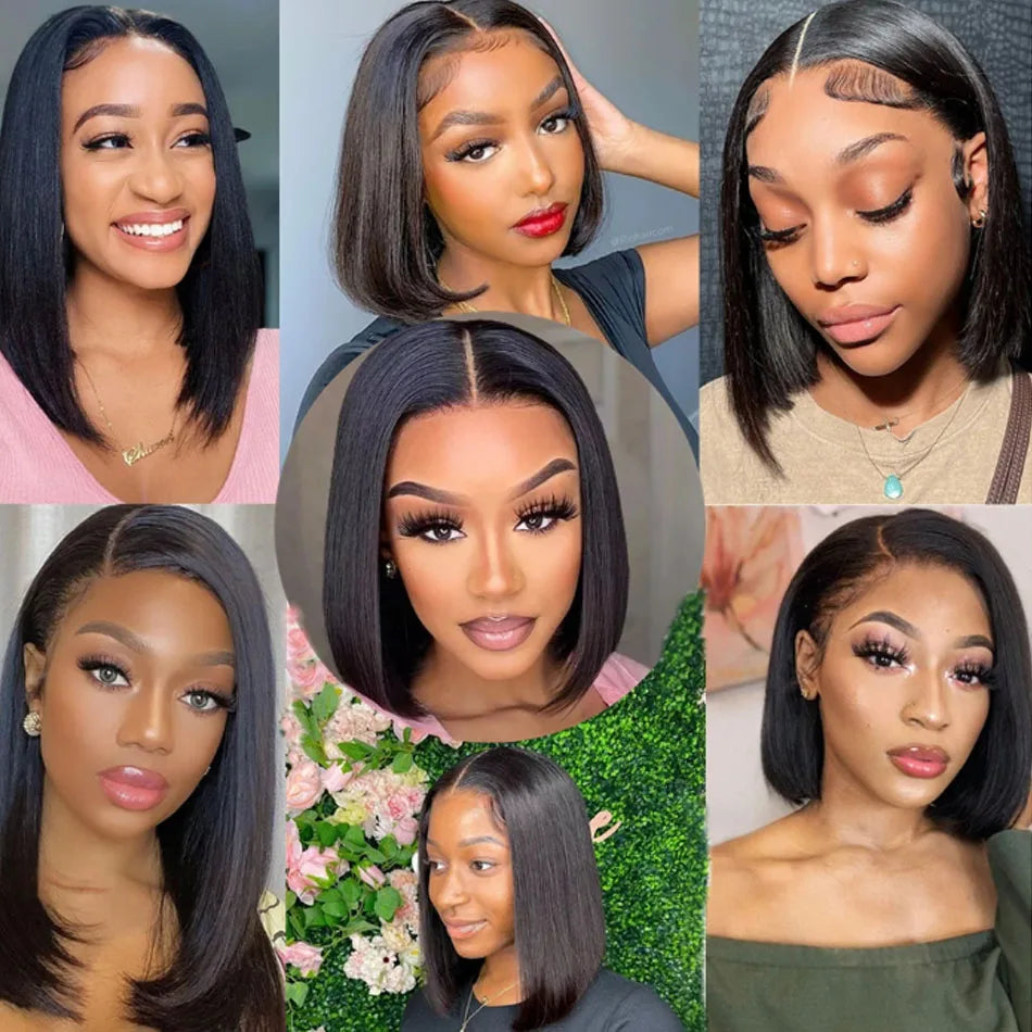 14Inch Wear And Go Glueless Wigs Short Straight Human Hair Bob Straight PreCut Lace Frontal Wigs Upgraded No Glue Wigs For Women