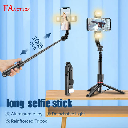 FANGTUOSI Foldable Wireless Bluetooth Selfie Stick Tripod with Bluetooth shutter Fill Light Aluminum Alloy Selfie Stck 2022 New