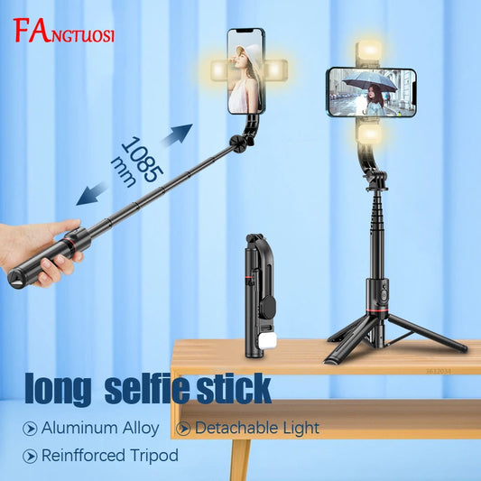 FANGTUOSI Foldable Wireless Bluetooth Selfie Stick Tripod with Bluetooth shutter Fill Light Aluminum Alloy Selfie Stck 2022 New