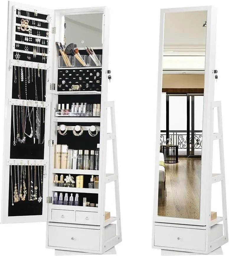 360 Swivel Full Length Mirror Jewelry Cabinet Standing With Built - 63.7 H Armoire With Mirror & 3 Drawers, Lockable Storage - MarvelouStoree