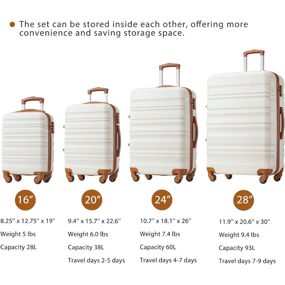 Luggage Set 4 Piece Luggage ABS hardshell TSA Lock Spinner Wheels Luggage Carry on Suitcase WHITE-BROWN, 6 piece set