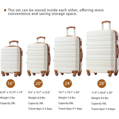 Luggage Set 4 Piece Luggage ABS hardshell TSA Lock Spinner Wheels Luggage Carry on Suitcase WHITE-BROWN, 6 piece set