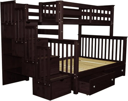 Stairway Bunk Beds Twin Over Full with 4 Drawers in The Steps and 2 Under Bed Drawers Dark Cherry No Particle Board