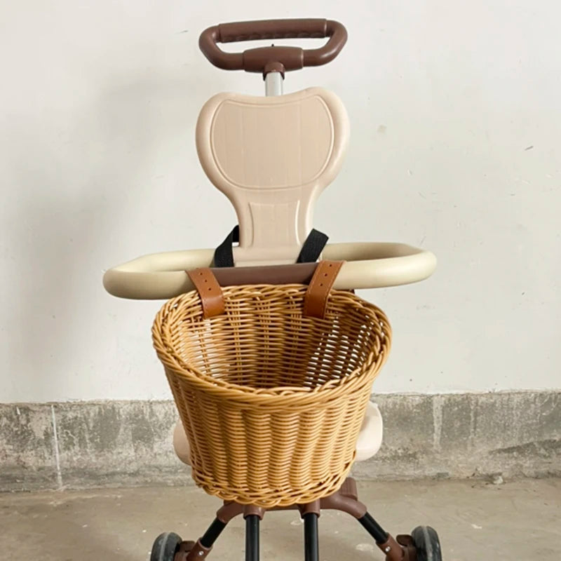 Stroller Front Basket for Kids Bike Scooter Woven Rattan Bag Waterproof Durable Handmade Storage Basket Detachable Baggage Bag