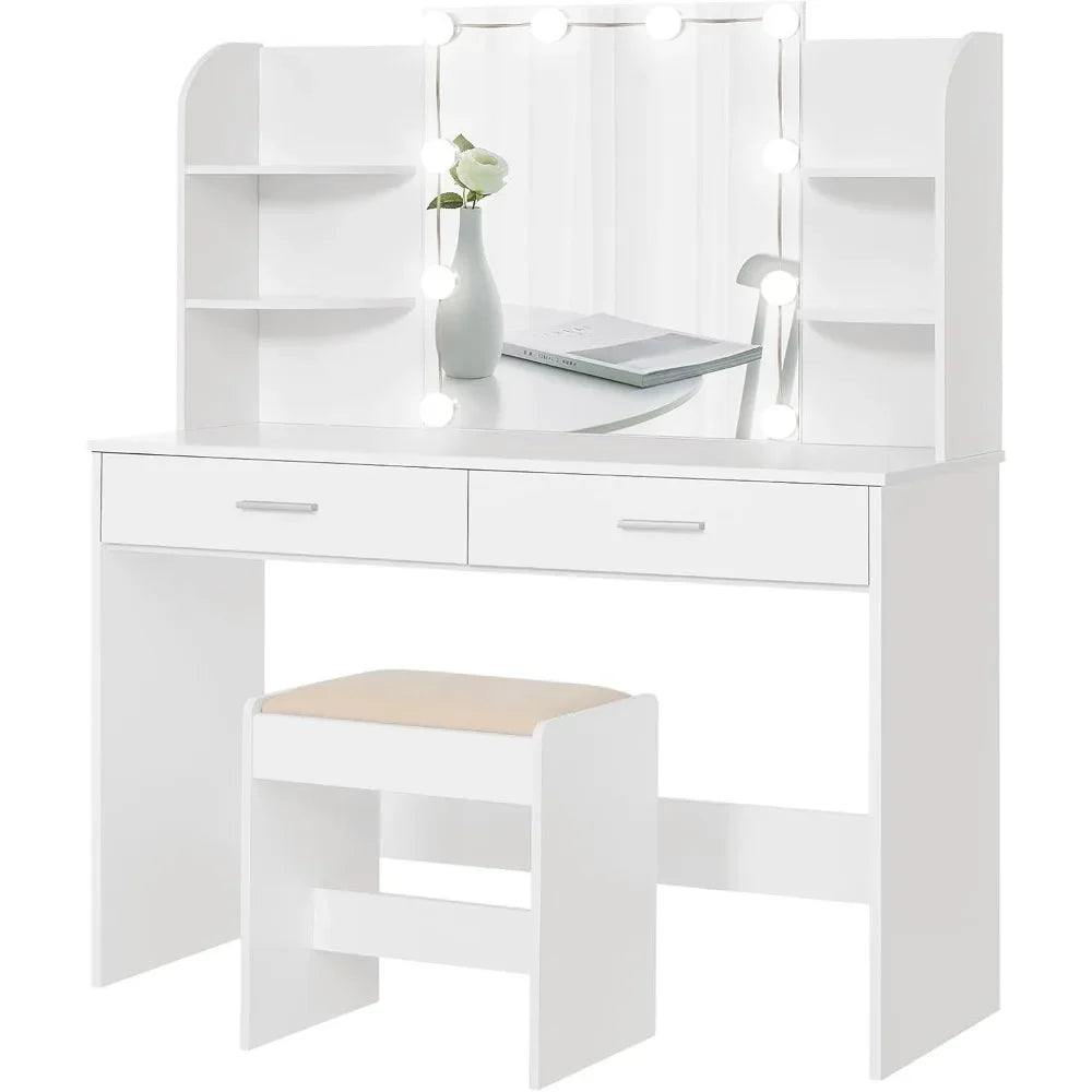 Mirror Vanity Makeup Table Set with  Drawers and Open Shelves