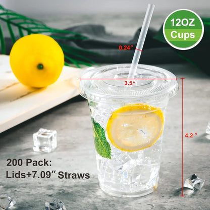 200 Pack Disposable Plastic Cups with Lids and Straws, 12oz Clear Plastic Cups, Disposable Cups