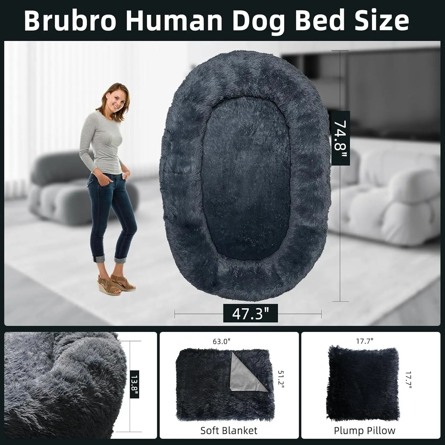 Large Human Dog Bed for Adult 74.8"x47.3"x13.8" Human Sized Dog Bed for People and Pets Removable Washable Faux Fur Dark Grey