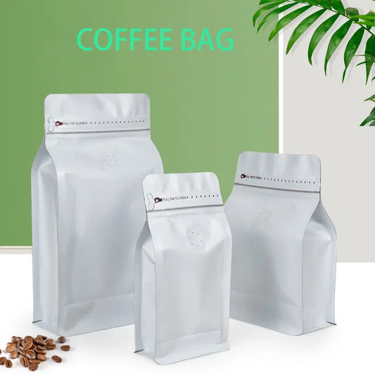 50pcs 100g 250g 500g 1kg Wholesale Matte White Ziplock Box Bottom Roasted Coffee Bag Pouches Flexible Packaging With Valve