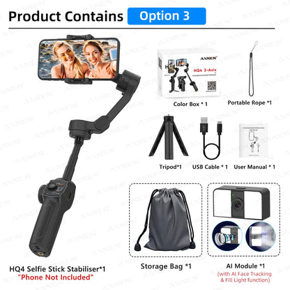 AXNEN HQ4 Smartphone Stabilizer Built-in Selfie Stick, Handheld 3-Axis Phone Gimbal for iPhone Pro Max Android Mobile CellPhone