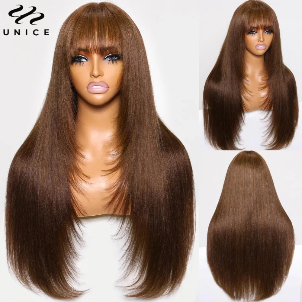 Unice Yaki Straight 4x2 Lace Wig #4 Brown Color Human Hair Wig With Bangs Layered Cut Glueless Wigs Human Hair Ready To Wear