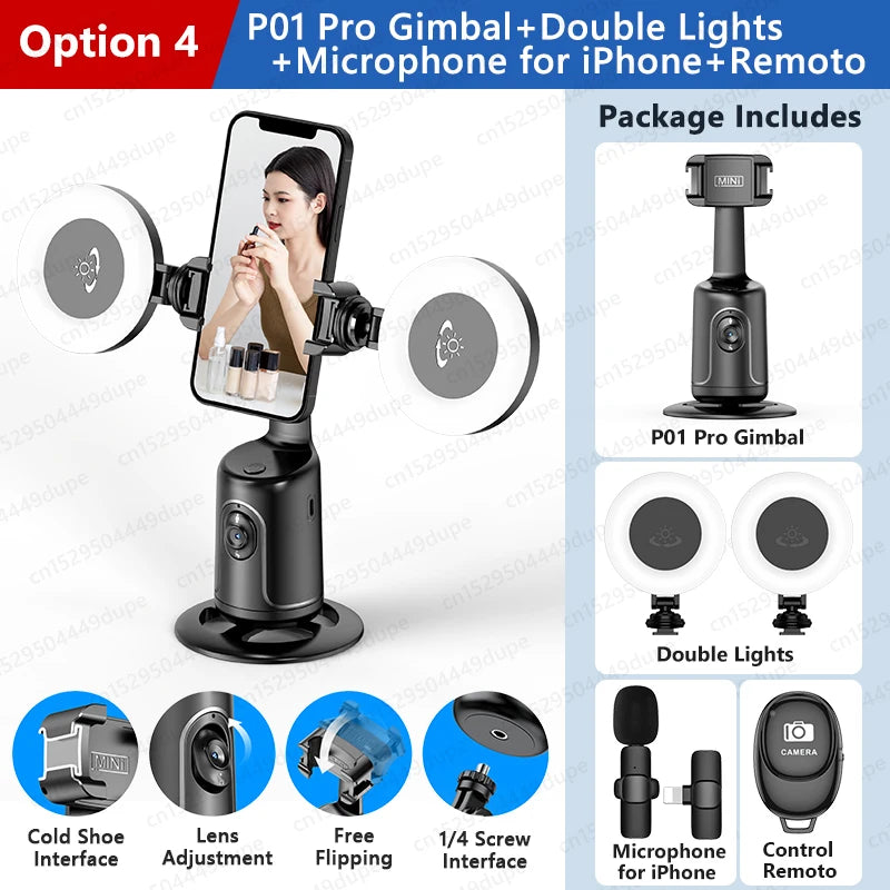 360 Rotation Gimbal Stabilizer for Smartphone,Cold Shoe Wireless Bluetooth AI Tripod,Desktop Follow Focus Gimbal for Tiktok